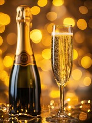 Poster - Celebrate with a bottle of champagne and a sparkling wine flute against a backdrop of golden lights in a festive atmosphere. Generative AI