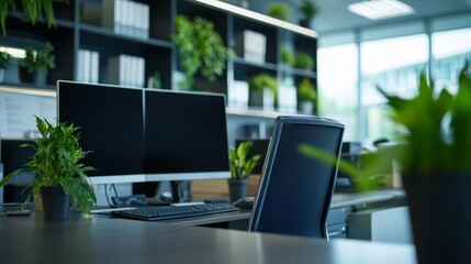 Poster - This office workspace showcases dual monitors, an ergonomic chair, and an organized desk. Shelves filled with books and plants enhance the professional atmosphere, promoting productivity