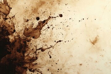 Poster - Abstract composition created with spilled coffee stains and splashes on textured paper, showcasing dynamic patterns in warm hues. Generative AI