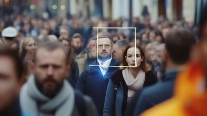 Poster - Facial recognition software scanning a crowd and detecting people's faces, highlighting potential uses for security and surveillance