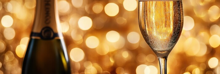 Aufkleber - A bottle of champagne alongside a flute filled with sparkling wine, ready for a festive celebration during a joyful evening. Generative AI