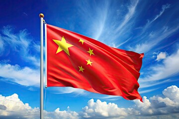 Vibrant flag of the People's Republic of China waving proudly against a clear blue sky background