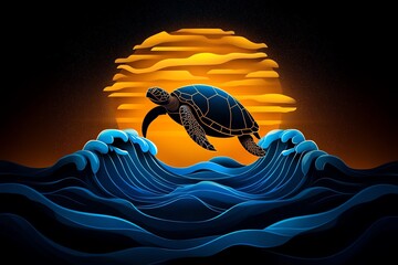 Poster - Clean silhouette of a sea turtle swimming through stylized waves, with soft gradients and geometric shapes