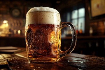 Poster - A frothy beer mug overflowing with foam on a rustic wooden table in a warm, inviting pub setting. Generative AI