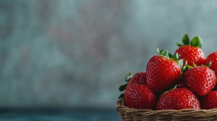 A basket filled with vibrant, fresh strawberries rests on a rustic wooden surface, highlighting their natural beauty and ripeness