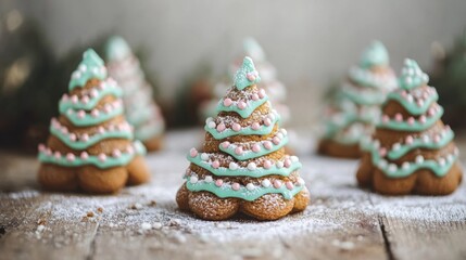 Gingerbread Christmas trees decorated with icing and sprinkles are displayed on a charming wooden table, creating a festive atmosphere