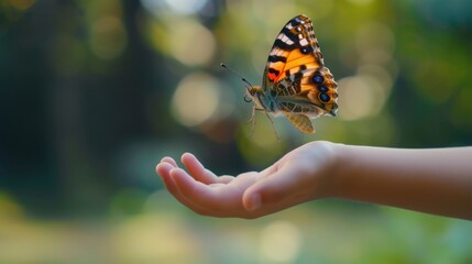 Butterfly Gently Lands on a Hand in Nature