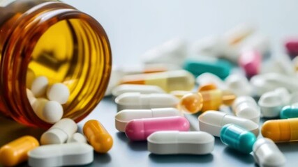 Poster - Open pill bottle is laying on its side spilling out colorful pills and tablets onto a table. This image is perfect for representing topics of medicine, illness, and healthcare