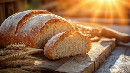 Sliced rustic bread on wooden board with sunlit background