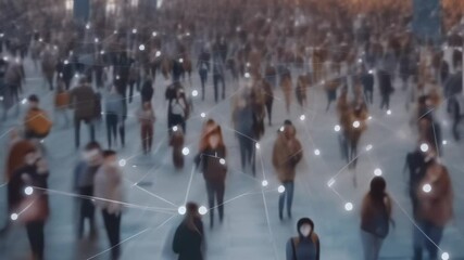 Poster - Facial recognition system is detecting individuals in a crowd with personal information linked to database, concept for surveillance, big brother, privacy and security