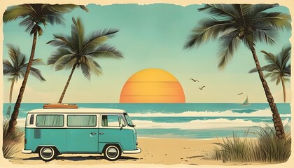 Wall Mural - Vintage retro camper van by the beach in a vibrant summer setting