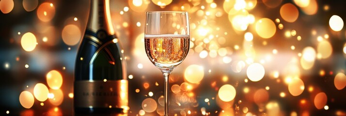 Aufkleber - Celebrate special moments with a bottle of champagne beside a sparkling flute at an elegant evening gathering. Generative AI
