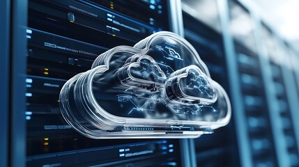 Poster - A glass cloud icon floats in front of a server rack.