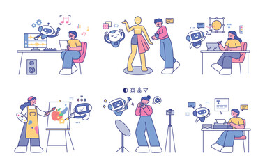 Fototapete - A lifestyle of artistic creation with AI and artists. Cute style illustration with outlines.