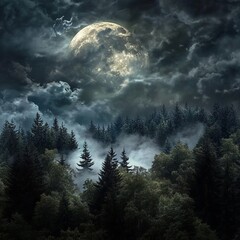 moon rising over forest with storm clouds coming in