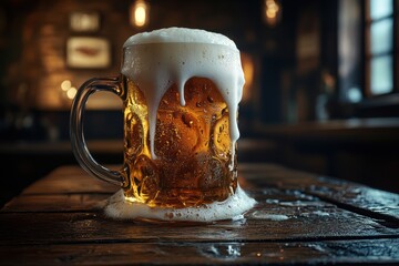 Poster - A frothy mug of beer overflowing on a rustic wooden table in a cozy pub setting filled with warm ambiance. Generative AI