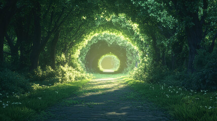 Wall Mural - A tunnel in a forest with green leaves and grass