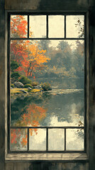 Sticker - A rustic window frame offers a view of a tranquil lake with fall foliage reflected in the water.