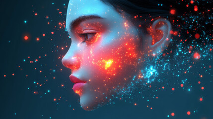 Poster - A woman's face is illuminated by red and blue glowing particles.