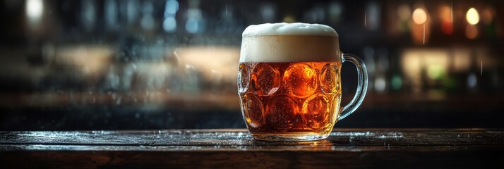 Aufkleber - A close-up view of a frothy beer mug overflowing with foam on a rustic wooden table in a cozy bar setting. Generative AI