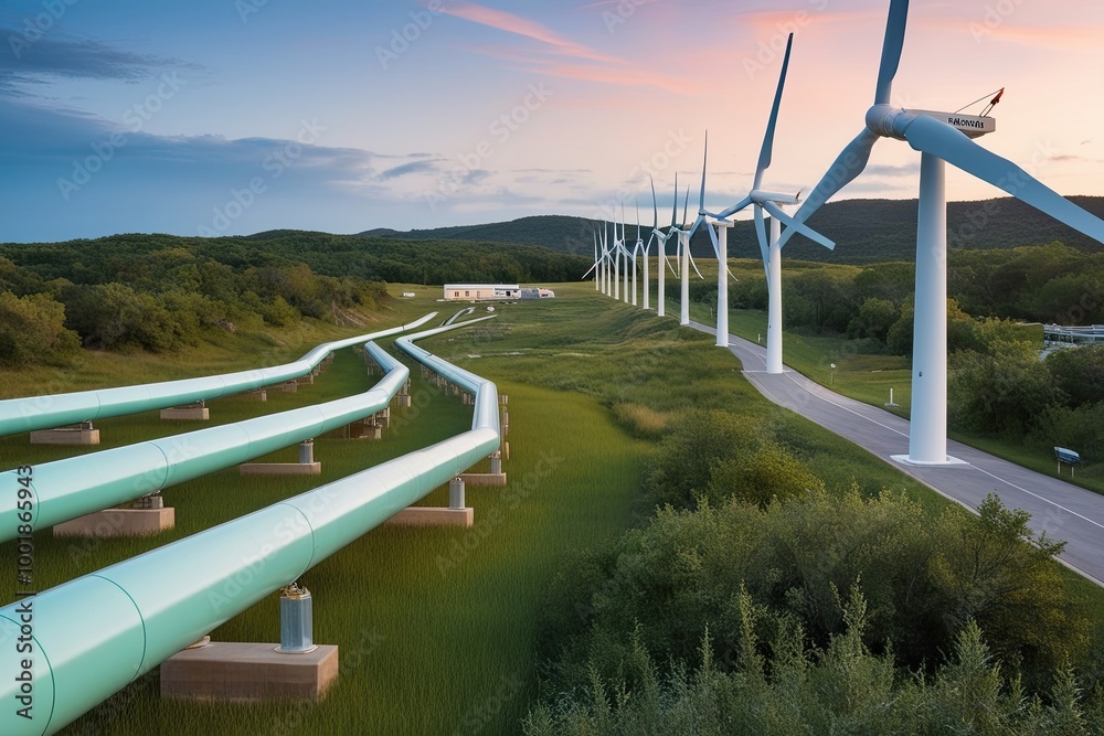 Research Lab Featuring Hydrogen Pipelines and Wind Turbines in a ...
