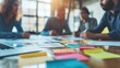 © ANEK - brainstorming table of business teamwork discussion with paperwork, sticky note and data at meeting workspace office.