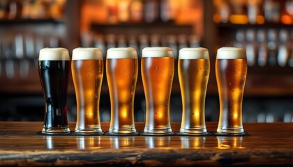 Row of glasses filled with beer on a wooden bar counter