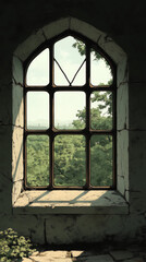 Poster - A view from a stone window with a beautiful green landscape.