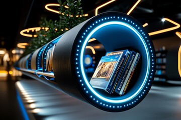 Poster - Digital 3D bookshelf, where each book floats out of the shelf, rotating and showing off their covers in a futuristic design
