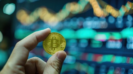 Poster - Hand Holding Gold Coin with Stock Market Background