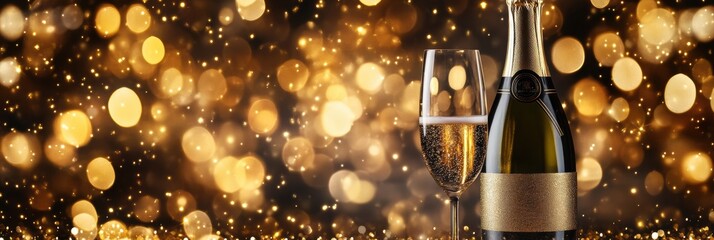 Aufkleber - Celebrate special occasions with a bottle of champagne and sparkling wine flute against a festive bokeh background. Generative AI