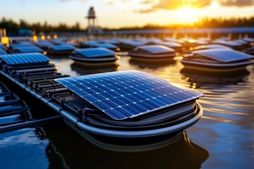 Aufkleber - Digital 3D floating solar farm, where solar panels hover over the surface of a calm, virtual ocean, generating energy in a futuristic world