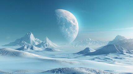 Abstract blue sand desert landscape wallpaper with moon or other planet. Nature concept and 3D Rendering 