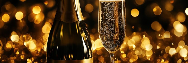Poster - Celebrate special moments with a bottle of champagne and a sparkling flute glass on a festive golden backdrop at a party. Generative AI