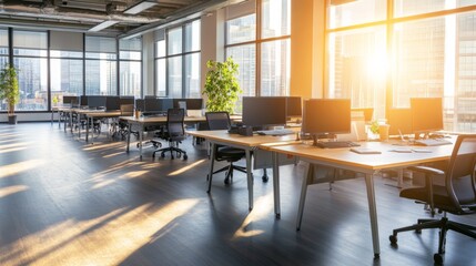 Poster - This empty office features neatly arranged desks and chairs with sunlight pouring through large windows, creating a serene weekend ambiance complemented by a potted plant