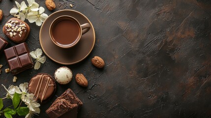  Cup of hot chocolate with assorted chocolates and flowers on a dark background