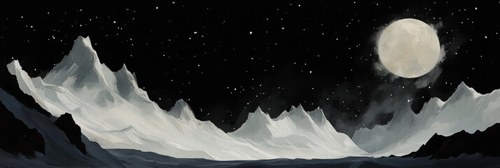 Wall Mural - A digital painting of a mountain range under a full moon.