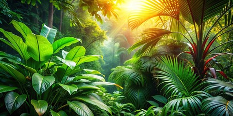 Wall Mural - A vibrant jungle scene showcasing the dense foliage and a warm, golden sunbeam illuminating the lush greenery.