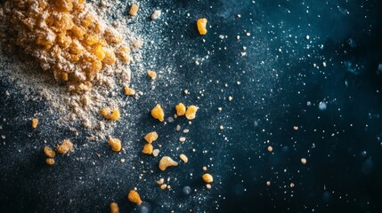 Wall Mural - Abstract image of golden powder and crumbs on dark background