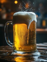 Aufkleber - Frothy beer mug with foam cascading over edges on a rustic wooden table at a lively tavern during evening hours. Generative AI