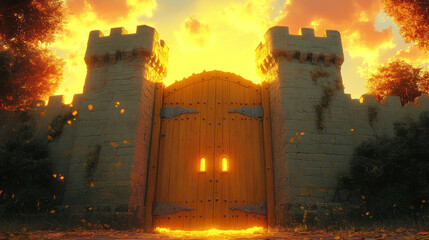 A large wooden gate stands open in a stone castle wall, glowing with light from the sunset.