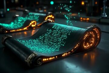 Aufkleber - Fantasy world programming visualized as enchanted scrolls with glowing, moving code floating through the air in a magical lab