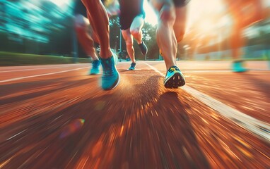 Wall Mural - Dynamic Lower Body Shot of Runners with Blurred Sneakers on Track Path