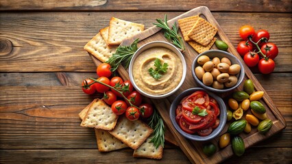 A wooden cutting board with a spread of savory appetizers, featuring a creamy dip, sliced tomatoes, olives, and crunchy crackers, all arranged for a delightful snack or appetizer.