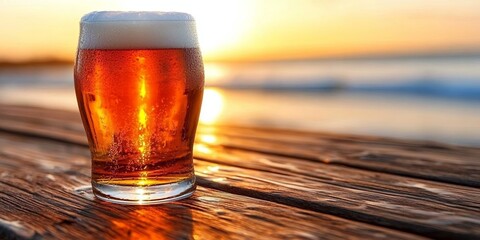 A glass of beer with a white head sits on a wooden surface with a blurred sunset over water in the background.