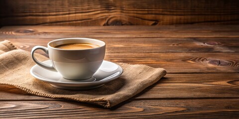 Wall Mural - A white coffee cup with a dark brown liquid inside, sitting on a white saucer atop a burlap napkin on a rustic wooden table