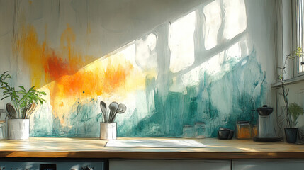 Poster - Sunlight streams through a kitchen window, illuminating a splash of orange and green paint.