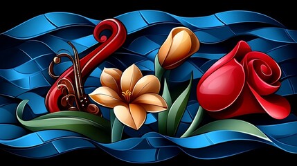 An abstract floral design featuring a red rose, a pale yellow flower, and a tulip, all resting on a wavy blue surface with a swirling red pattern.
