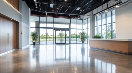 Poster - A spacious office showcases smooth concrete flooring and large windows, allowing natural sunlight to flood the area, enhancing the minimalist design and professional feel
