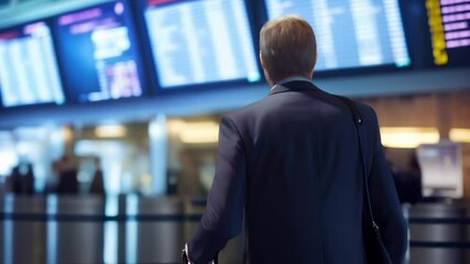 Poster - Businessman is walking through a busy airport terminal while checking the departure time on the airport information board